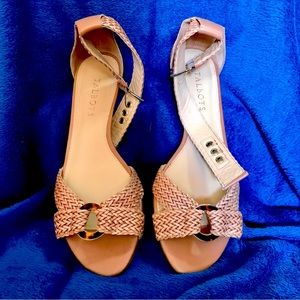 TALBOT'S SANDALS Beige Size 8 1/2 M, Slight Lift  w/ Braided Ankle Wrap-Around